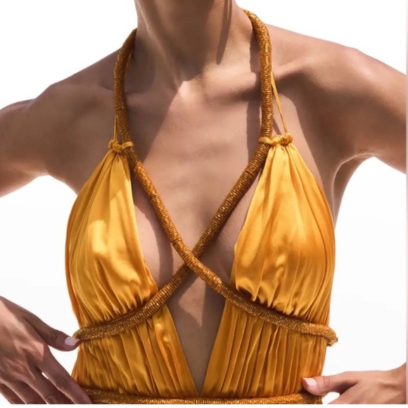 NWT Cult Gaia Salee Strappy Hand Beaded Silk Gown Marigold Size 4 - Picture 3 of 15